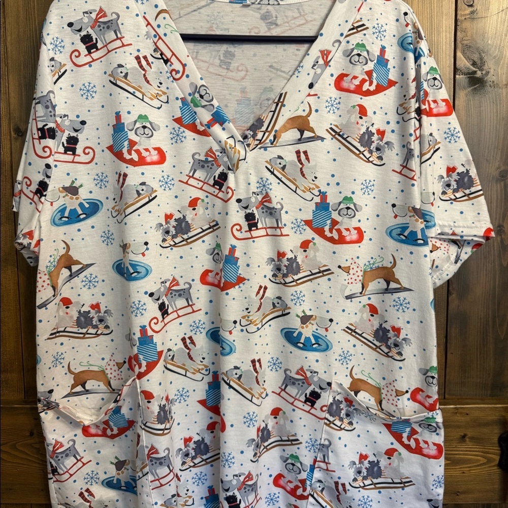 Winter dog print scrub top